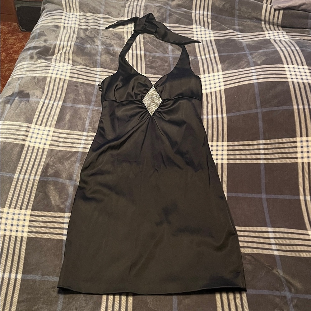Elegant Black Halter Dress with Silver Accent by Betsy and Adam